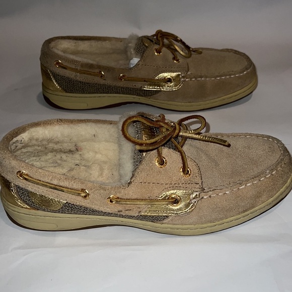 Sperry Topsider CH196 Womens Gold Accents Tan Boat Shoes GOLD LACES Size 7M - Picture 3 of 10